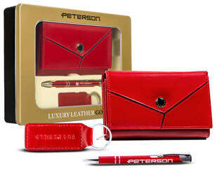 Zestaw prezentowy: skórzany portfel damski, brelok i długopis Peterson