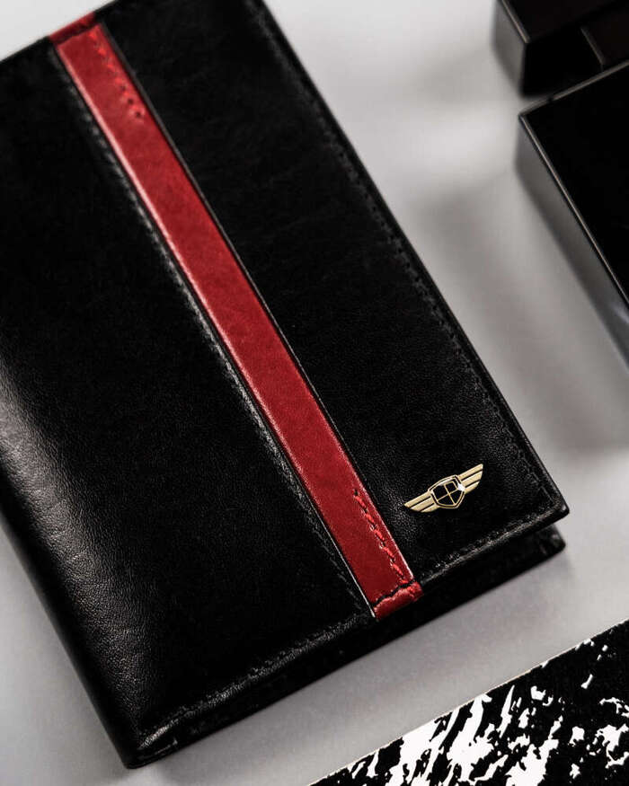 Skórzany portfel męski z czerwonym akcentem — Peterson